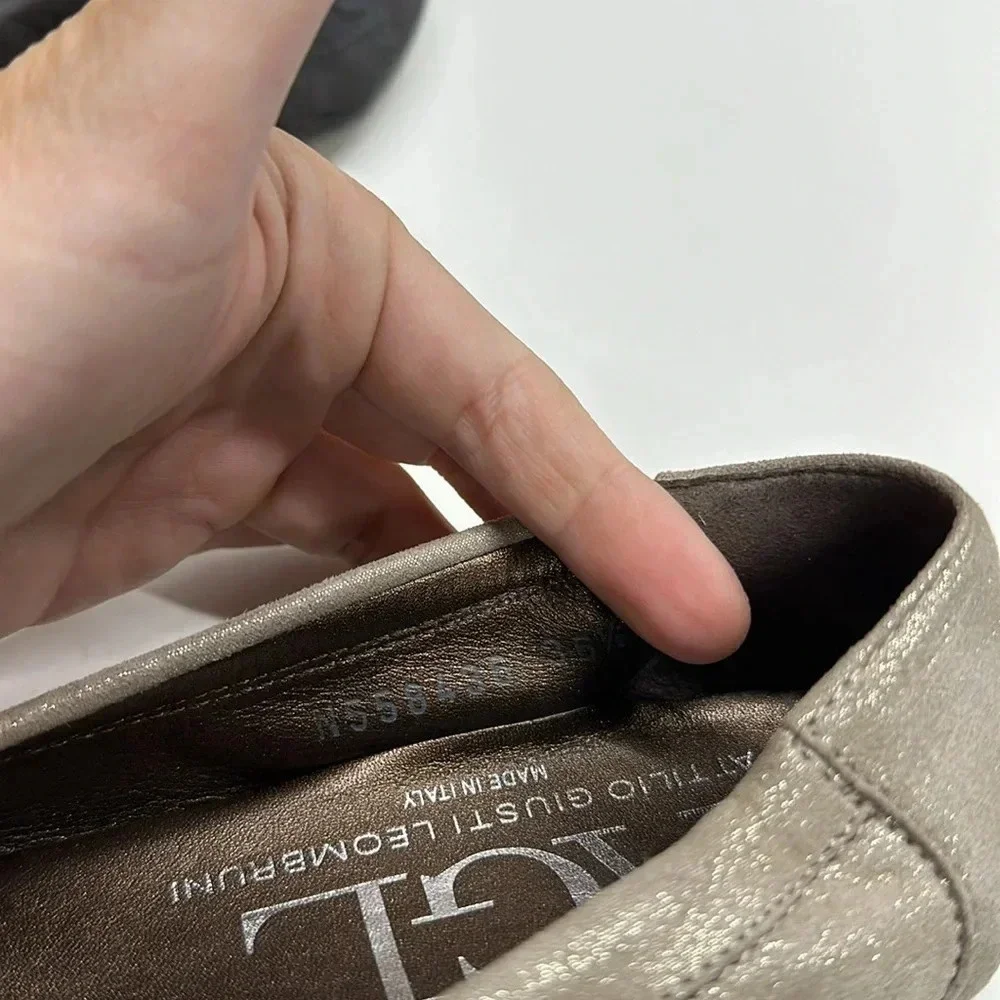 AGL Ballet Flats Shoes Cap Top Buckle Suede Snakeskin Metallic Size 36.5 6.5